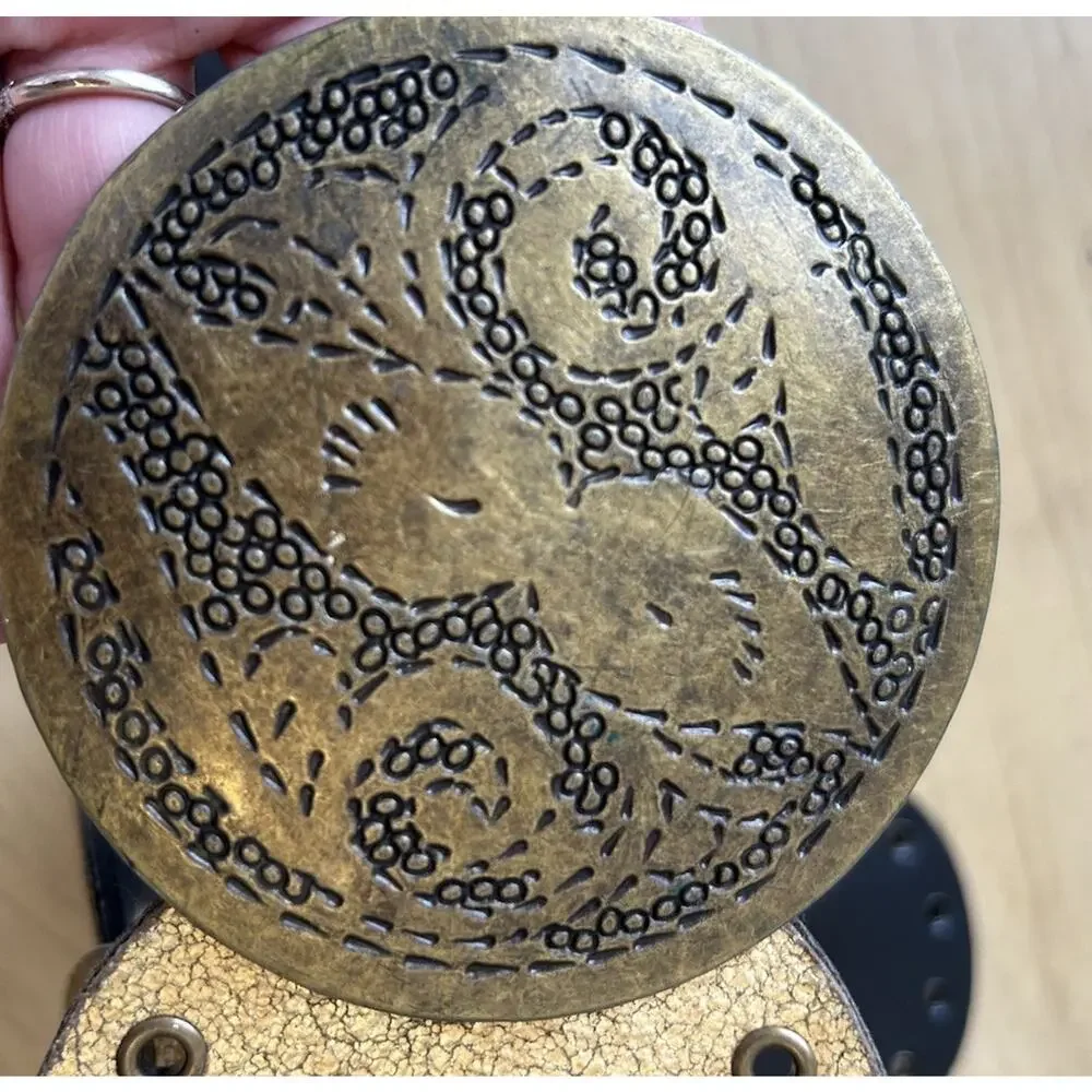 Vintage Women’s Moroccan Circle Belt Brass Tool Gold Leather Handmade 70s RARE